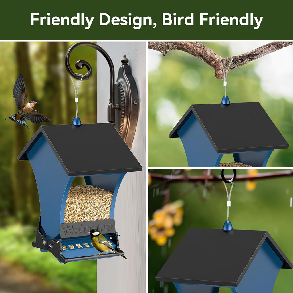 Hanging squirrel resistant bird feeder installed outdoors in a backyard
