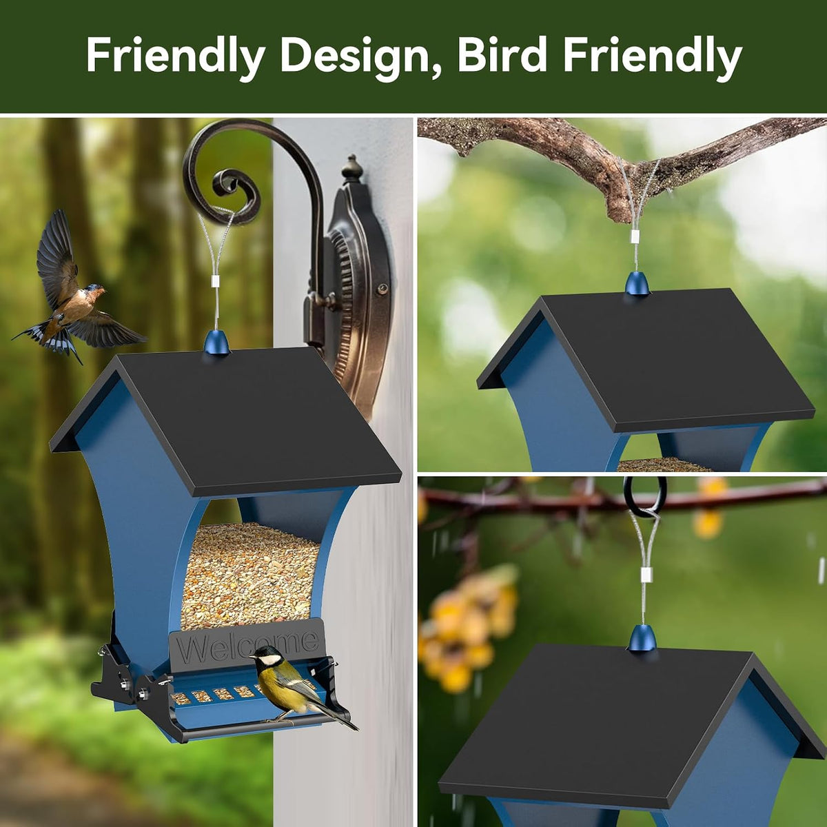 Hanging squirrel resistant bird feeder installed outdoors in a backyard