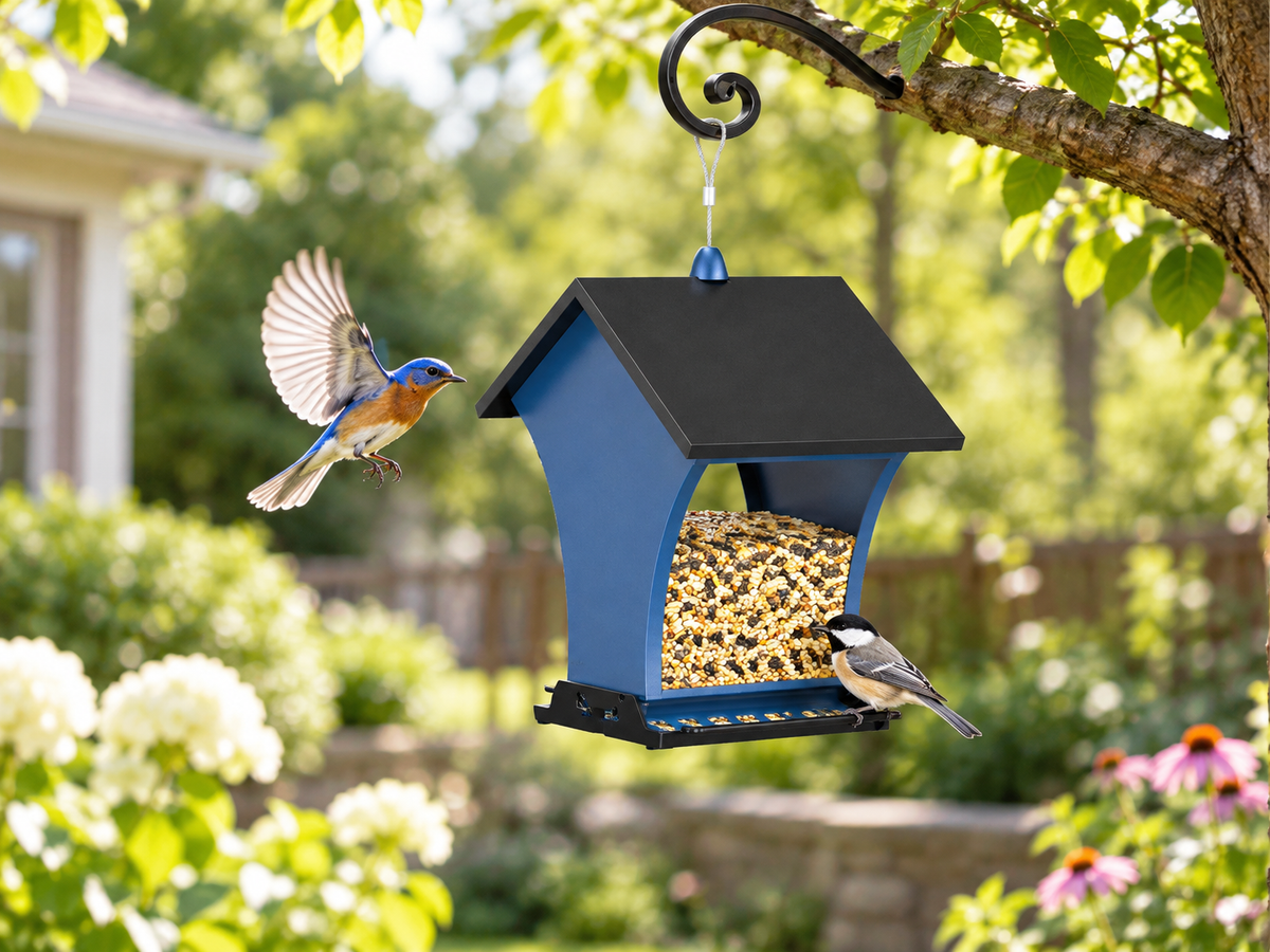 Pultio hanging blue bird feeder with wild birds in a sunlit garden