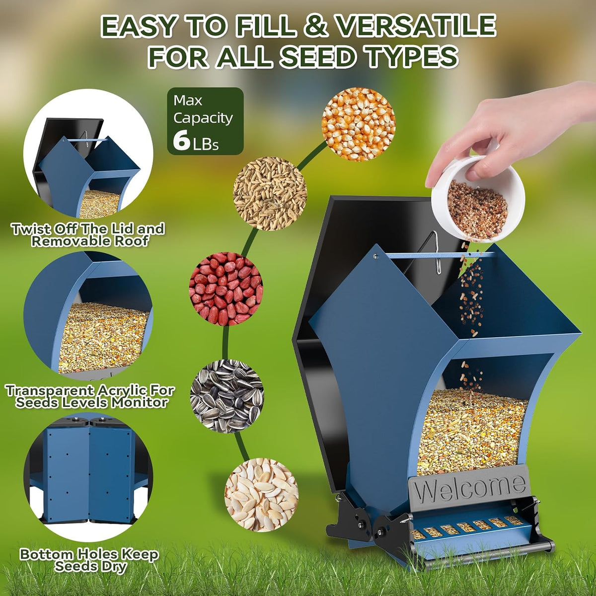 Large capacity hanging bird feeder with clear seed level window for backyard birds