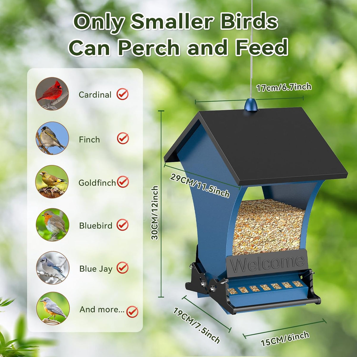 Outdoor hanging bird feeder size guide for cardinals finches chickadees and other wild birds