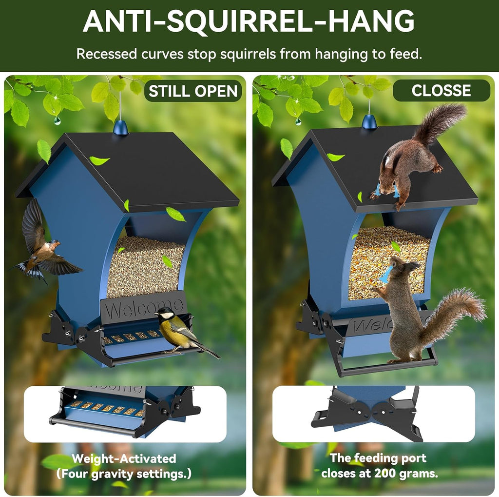 Weight activated bird feeder closes feeding ports when a squirrel lands on the perch