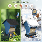 Weather resistant metal bird feeder with protective roof and drainage openings
