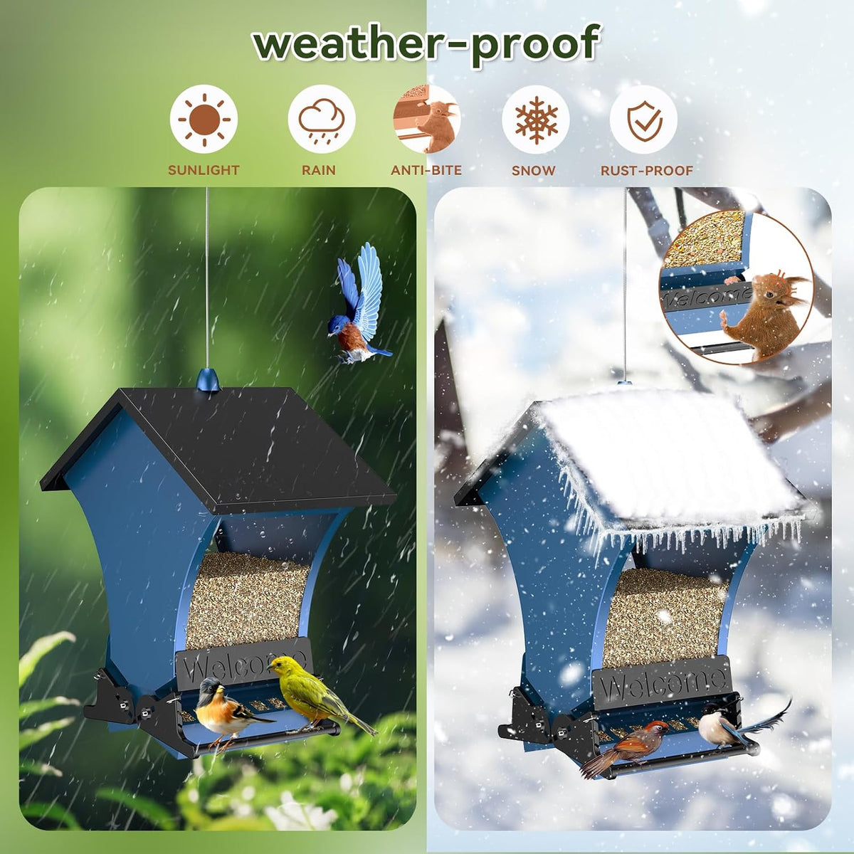 Weather resistant metal bird feeder with protective roof and drainage openings