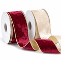 Burgundy and champagne crushed velvet wired ribbon rolls for Christmas decorating