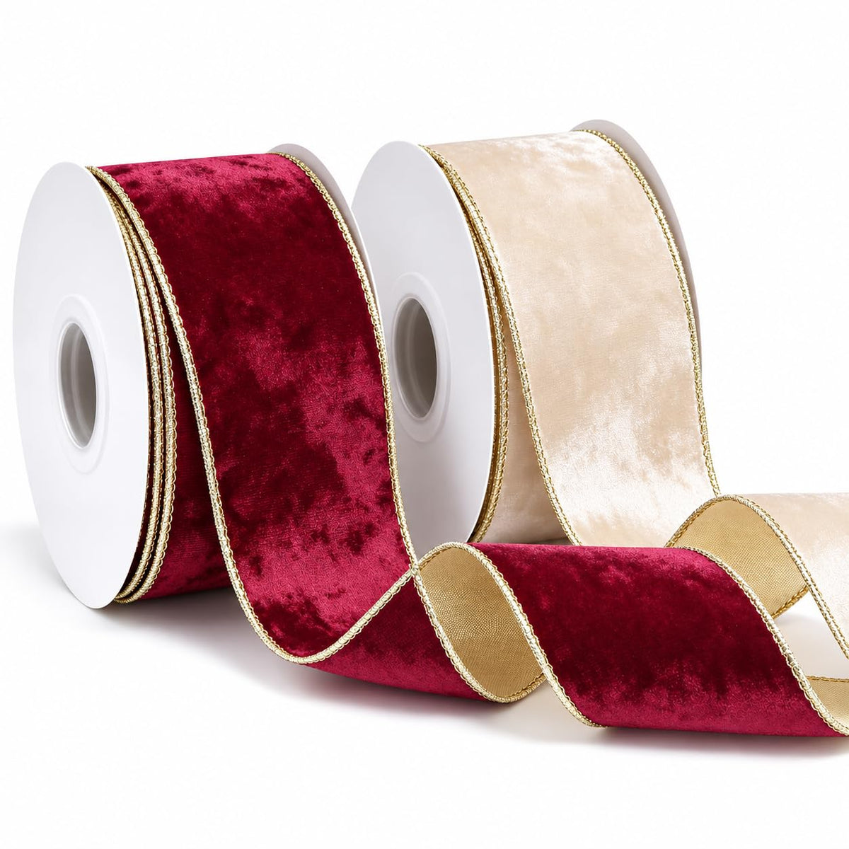 Burgundy and champagne crushed velvet wired ribbon rolls for Christmas decorating