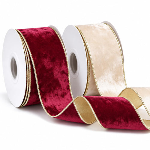 Burgundy and champagne crushed velvet wired ribbon rolls for Christmas decorating