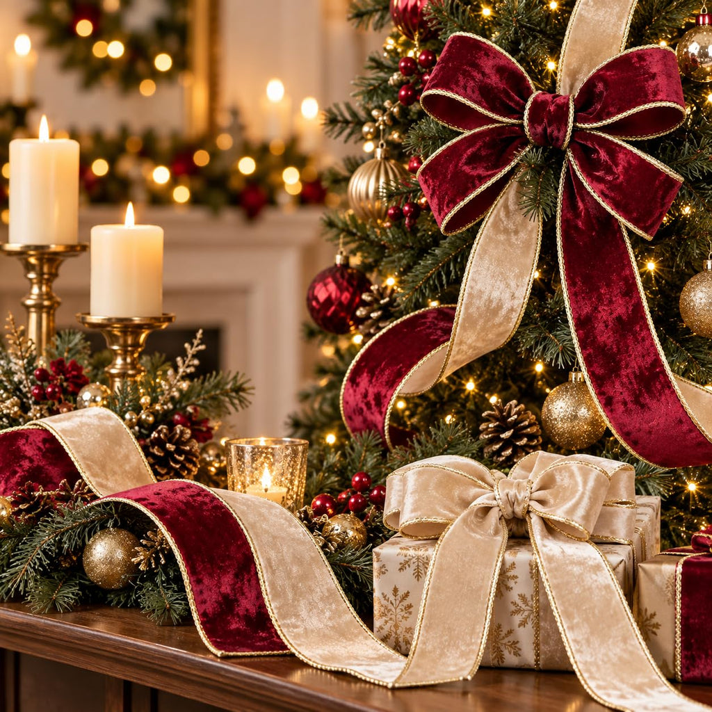 Burgundy and champagne velvet wired ribbon decorating a Christmas tree