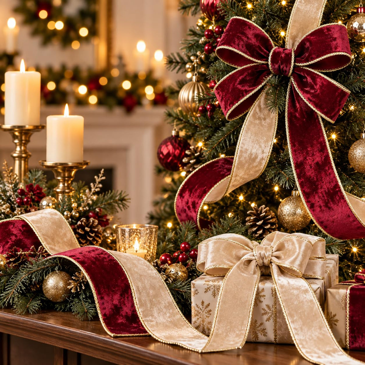 Burgundy and champagne velvet wired ribbon decorating a Christmas tree