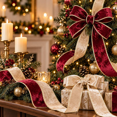 Burgundy and champagne velvet wired ribbon decorating a Christmas tree