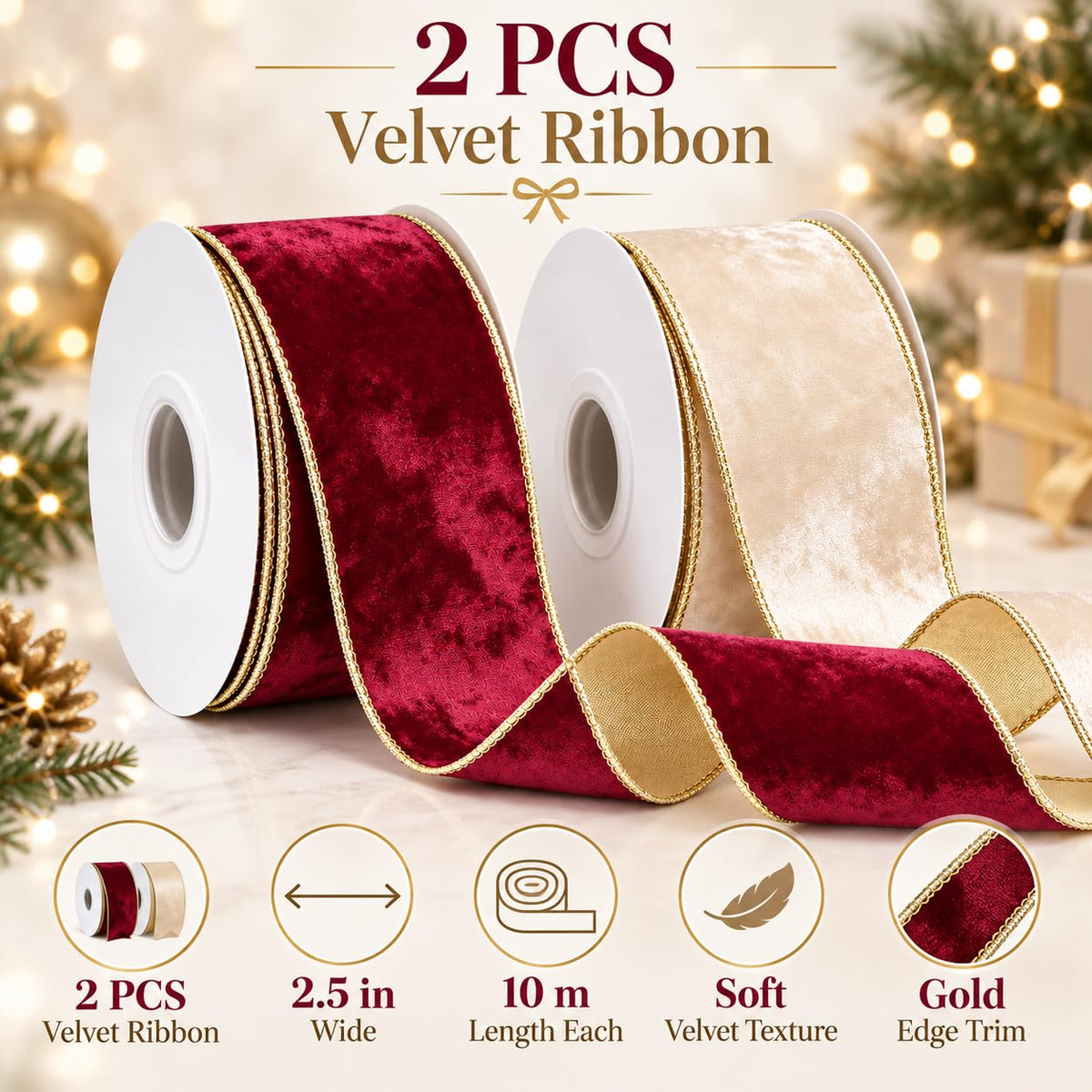 2 piece burgundy champagne velvet wired ribbon set with gold edge trim