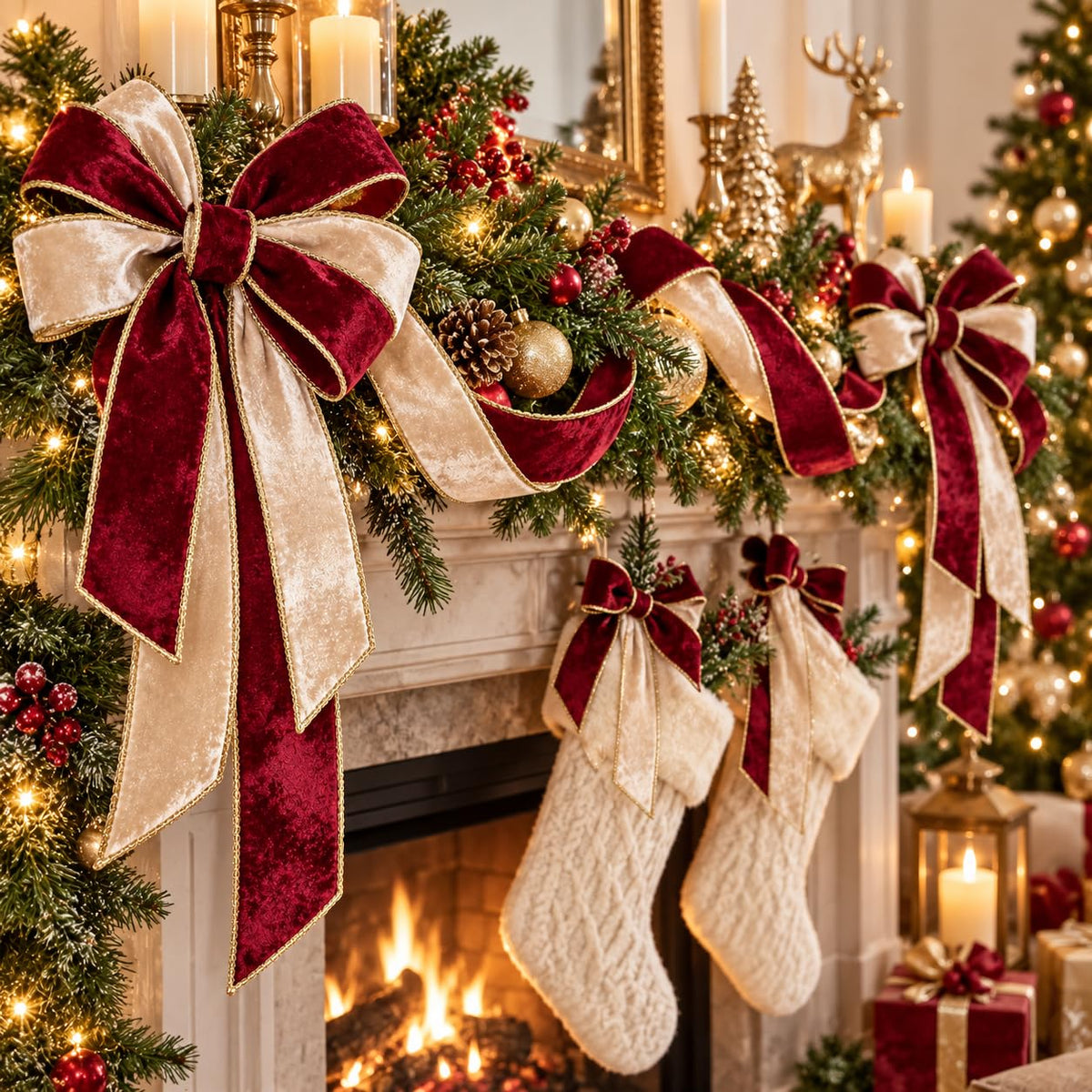 Velvet wired ribbon bows for Christmas mantel and stocking decor