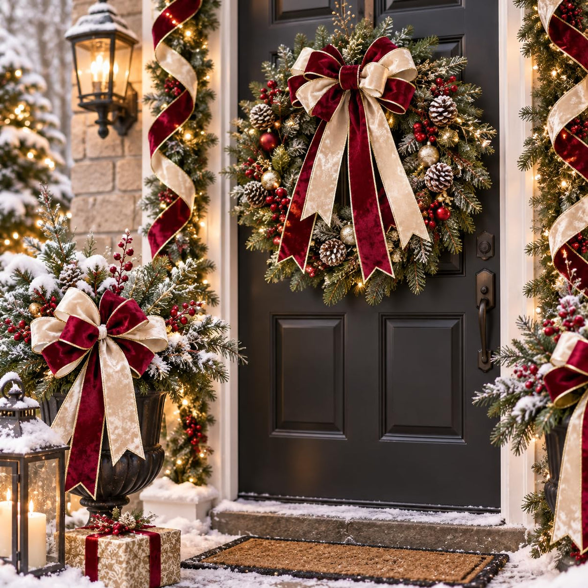 Burgundy and champagne velvet ribbon for Christmas wreath and front door decor