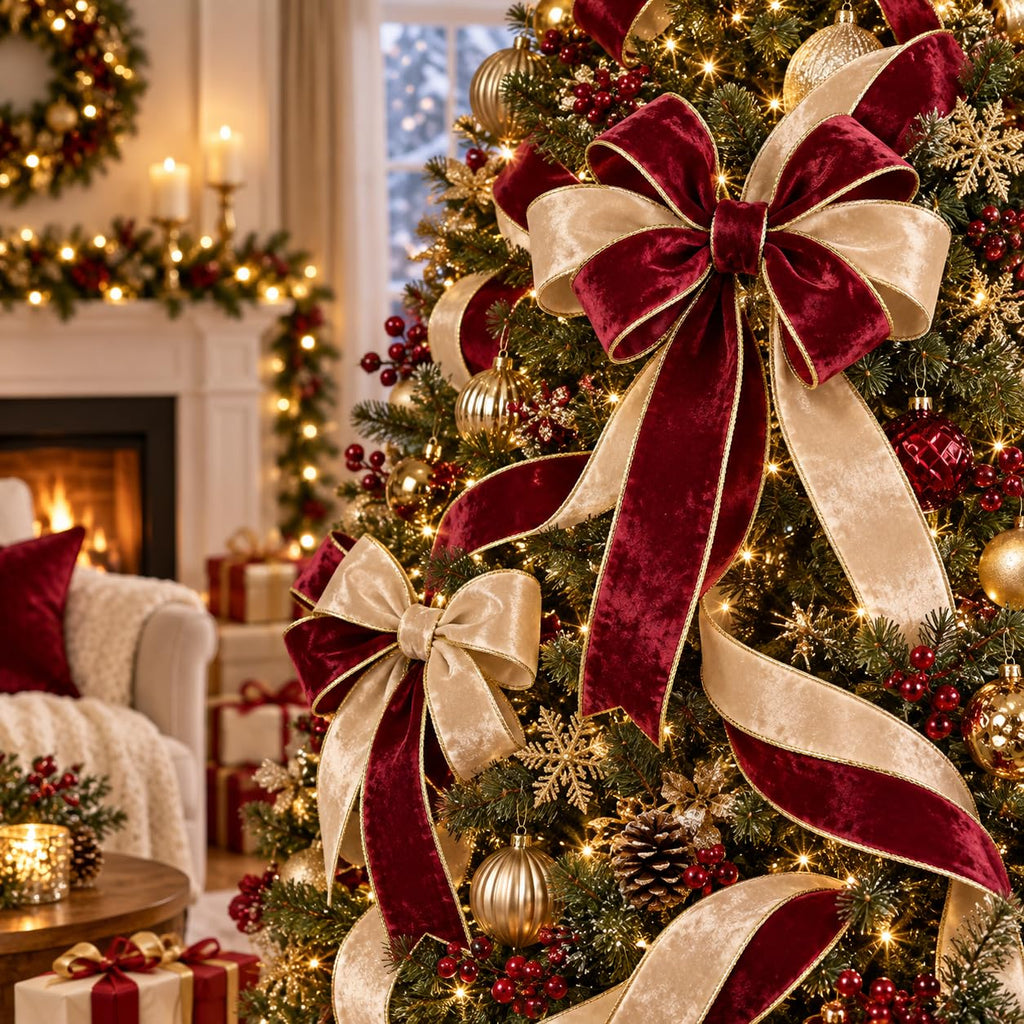 Burgundy and champagne wired velvet ribbon decorating a Christmas tree