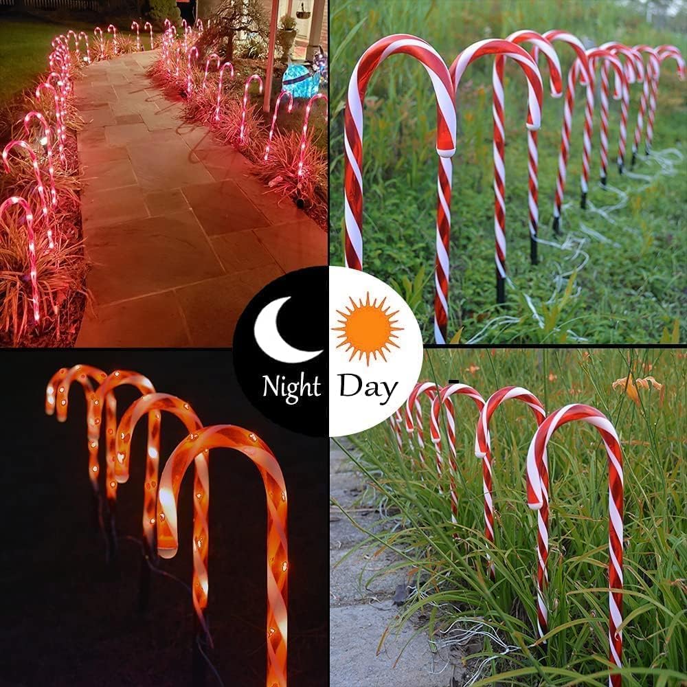 Candy cane pathway lights displayed outdoors during day and night