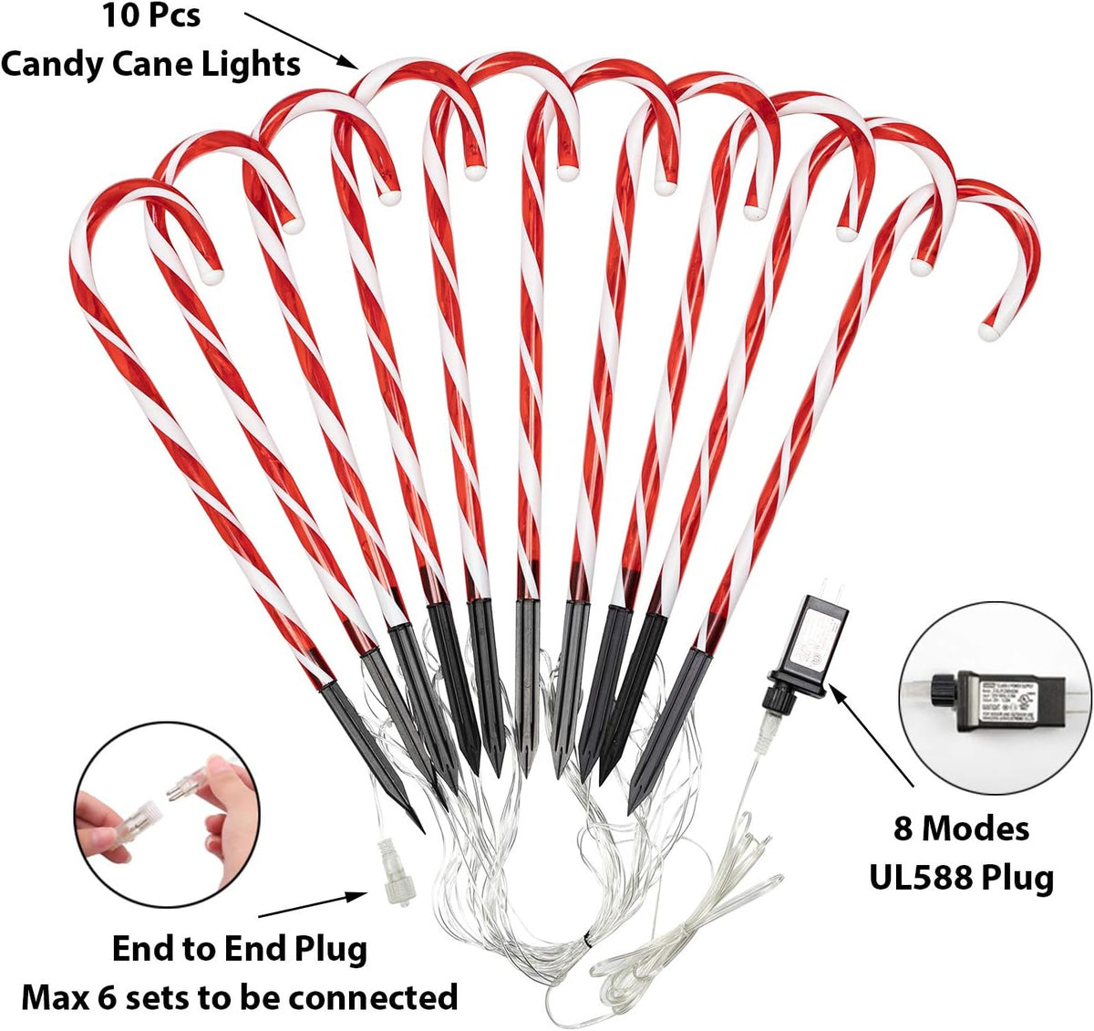 Connectable 10 pack candy cane lights with 8 lighting modes and US plug