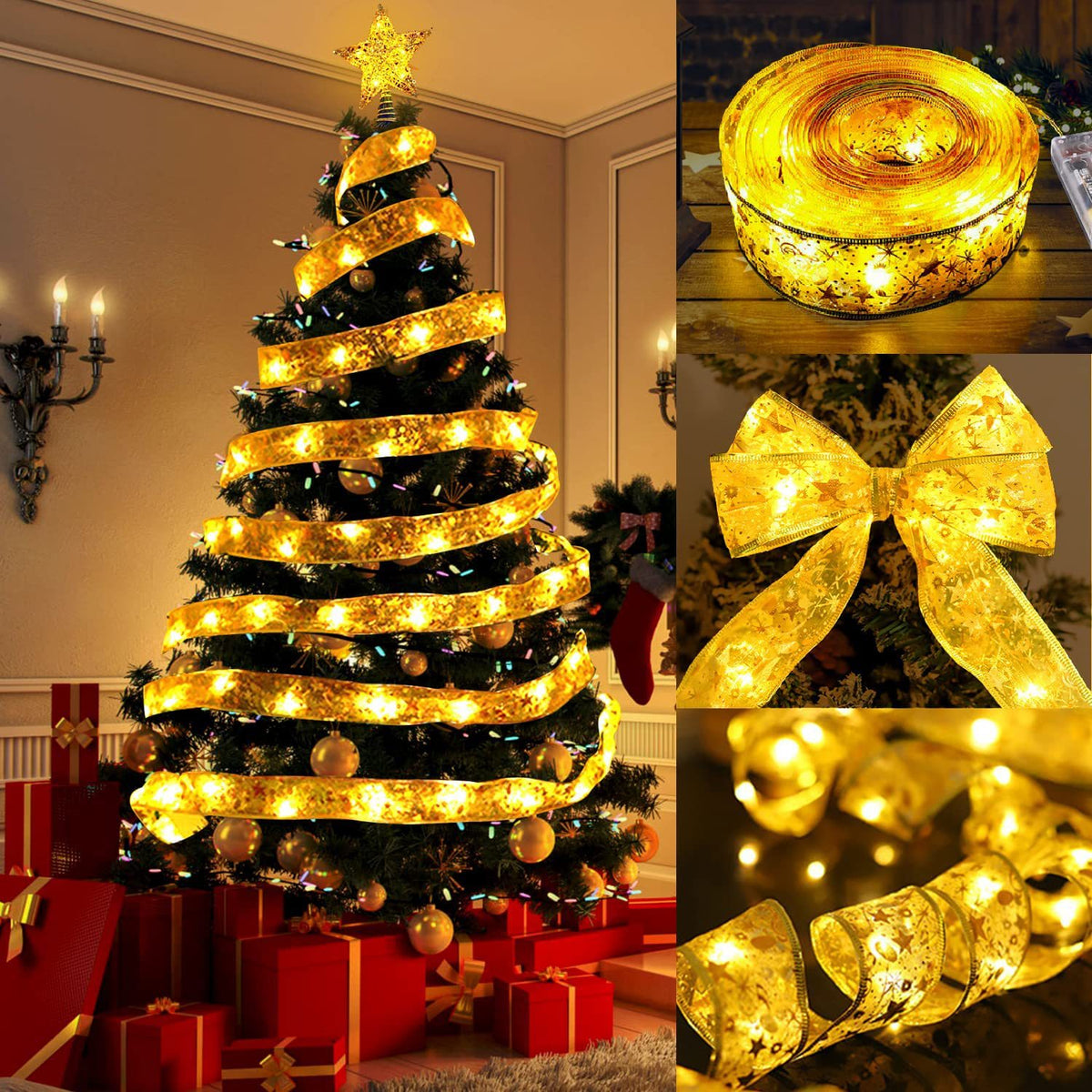 Pultio gold Christmas ribbon fairy lights wrapped around a Christmas tree