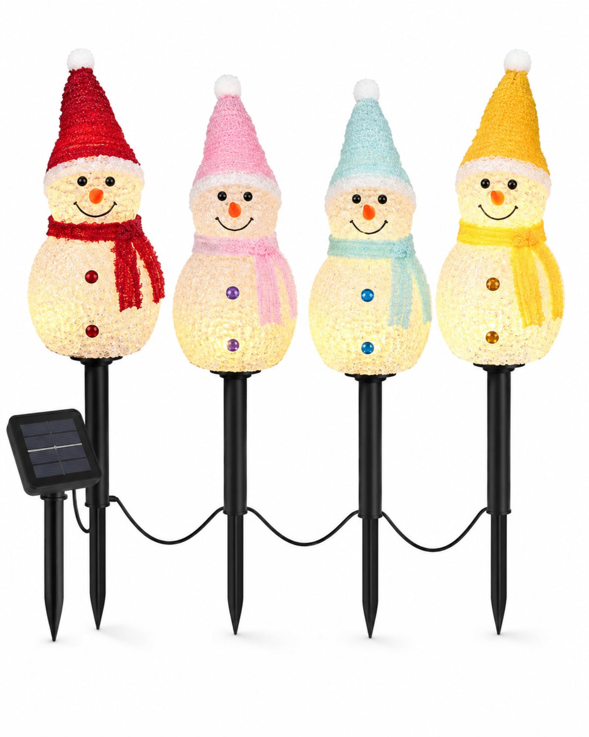 4 pack Christmas snowman solar stake lights with red pink blue and yellow hats