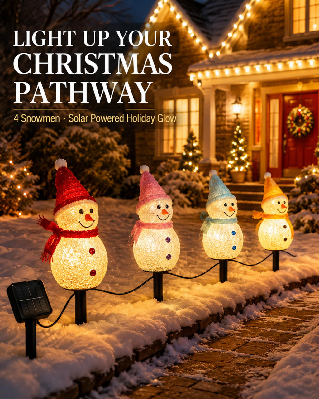 Christmas snowman solar pathway lights decorating a snowy front yard