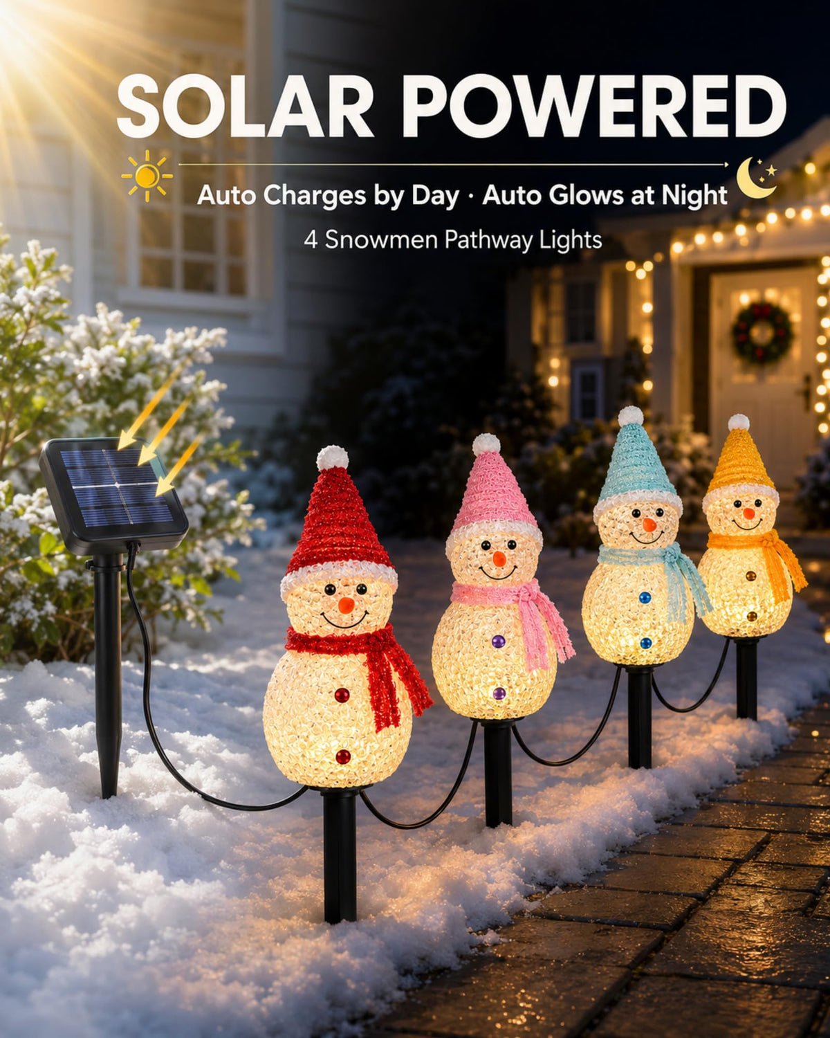Solar powered snowman stake lights charging by day and glowing at night