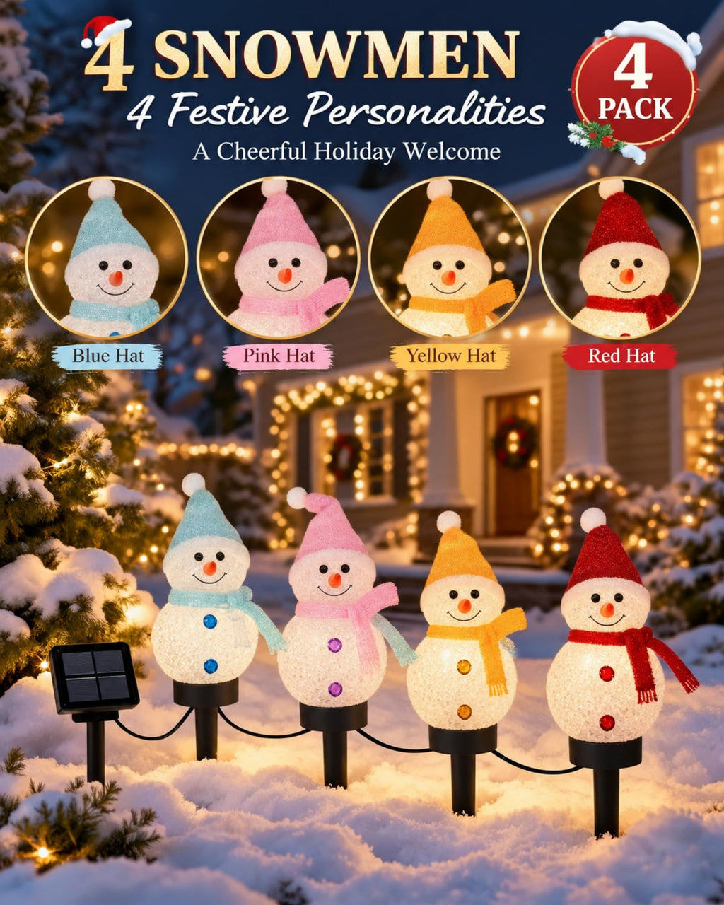Four snowman solar stake lights with red pink blue and yellow hat designs