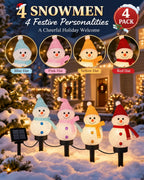 Four snowman solar stake lights with red pink blue and yellow hat designs