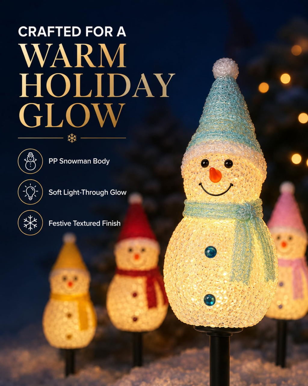 Close up snowman solar stake light with warm holiday glow