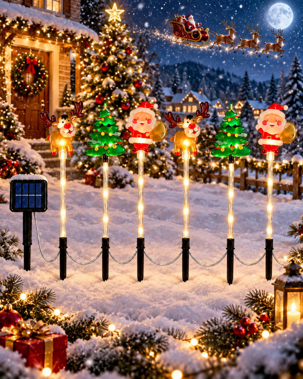 6 pack Christmas solar stake lights with reindeer tree and Santa designs outdoors
