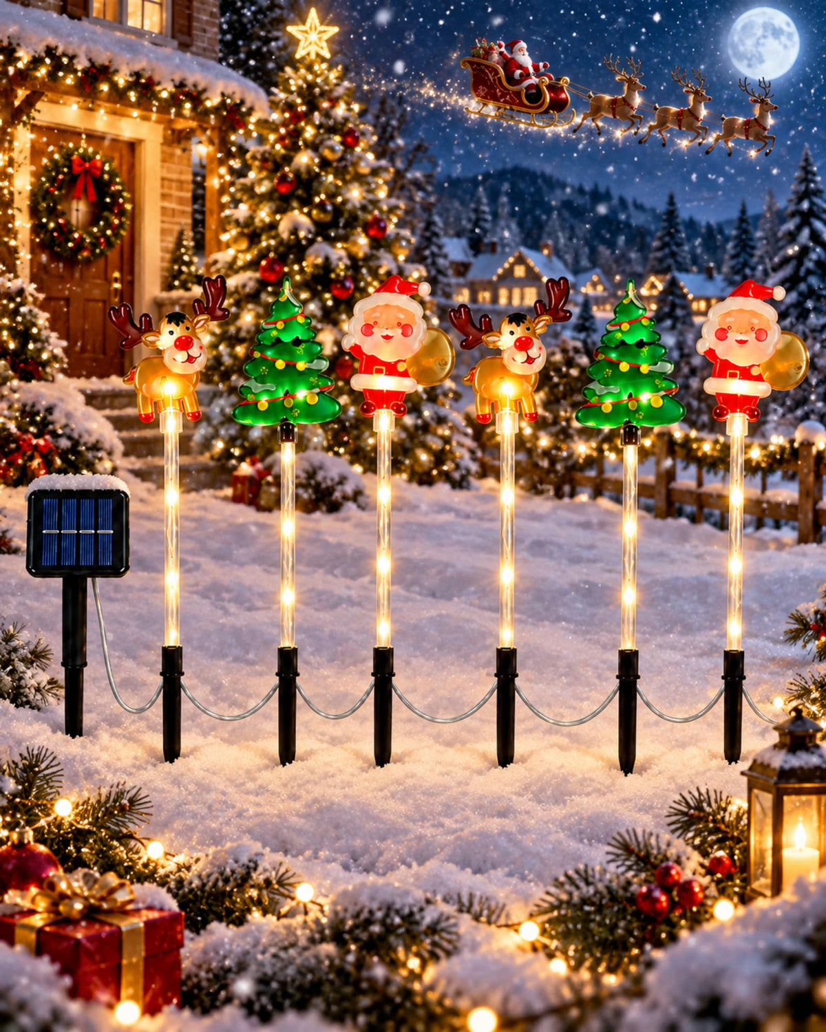 6 pack Christmas solar stake lights with reindeer tree and Santa designs outdoors