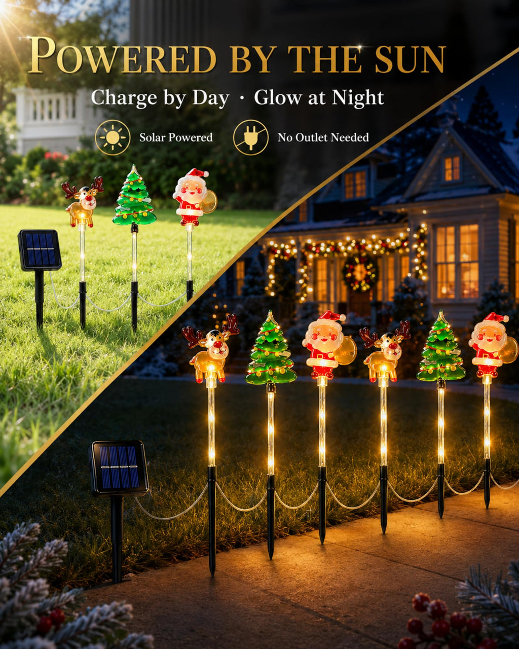 Solar powered Christmas stake lights charging by day and glowing at night