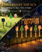 Solar powered Christmas stake lights charging by day and glowing at night