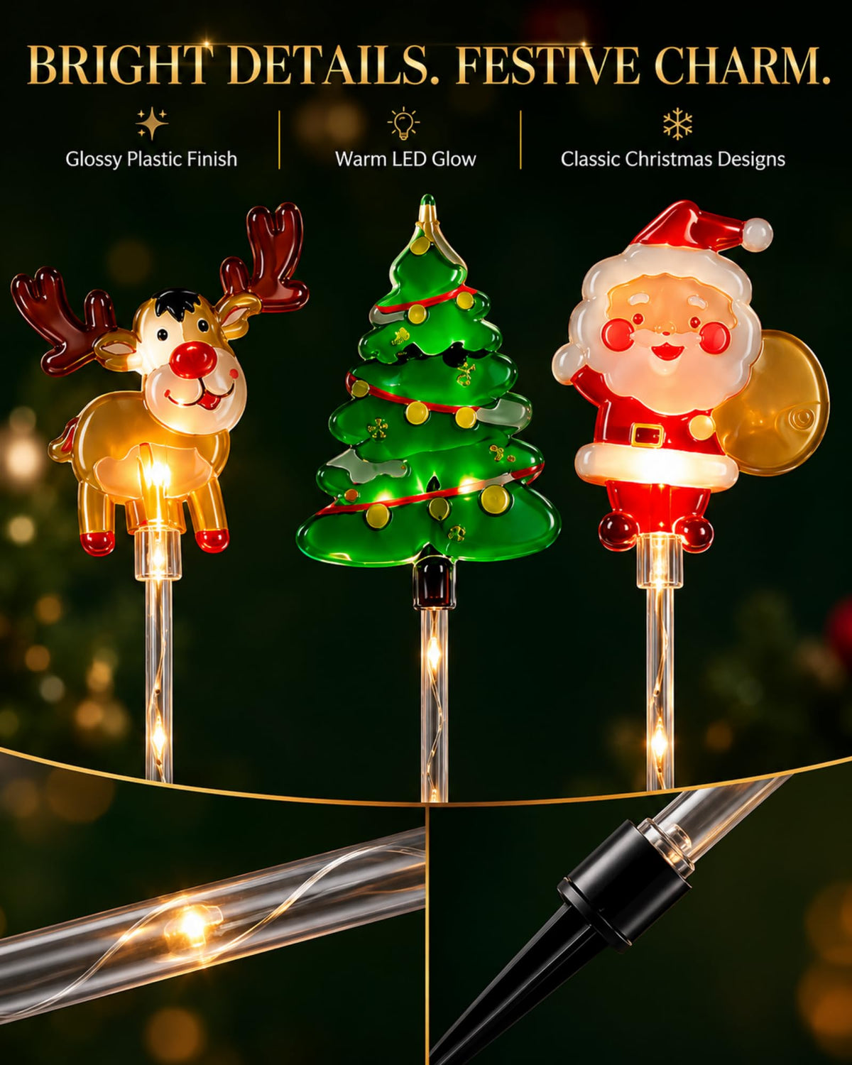 Reindeer Christmas tree and Santa solar stake light details