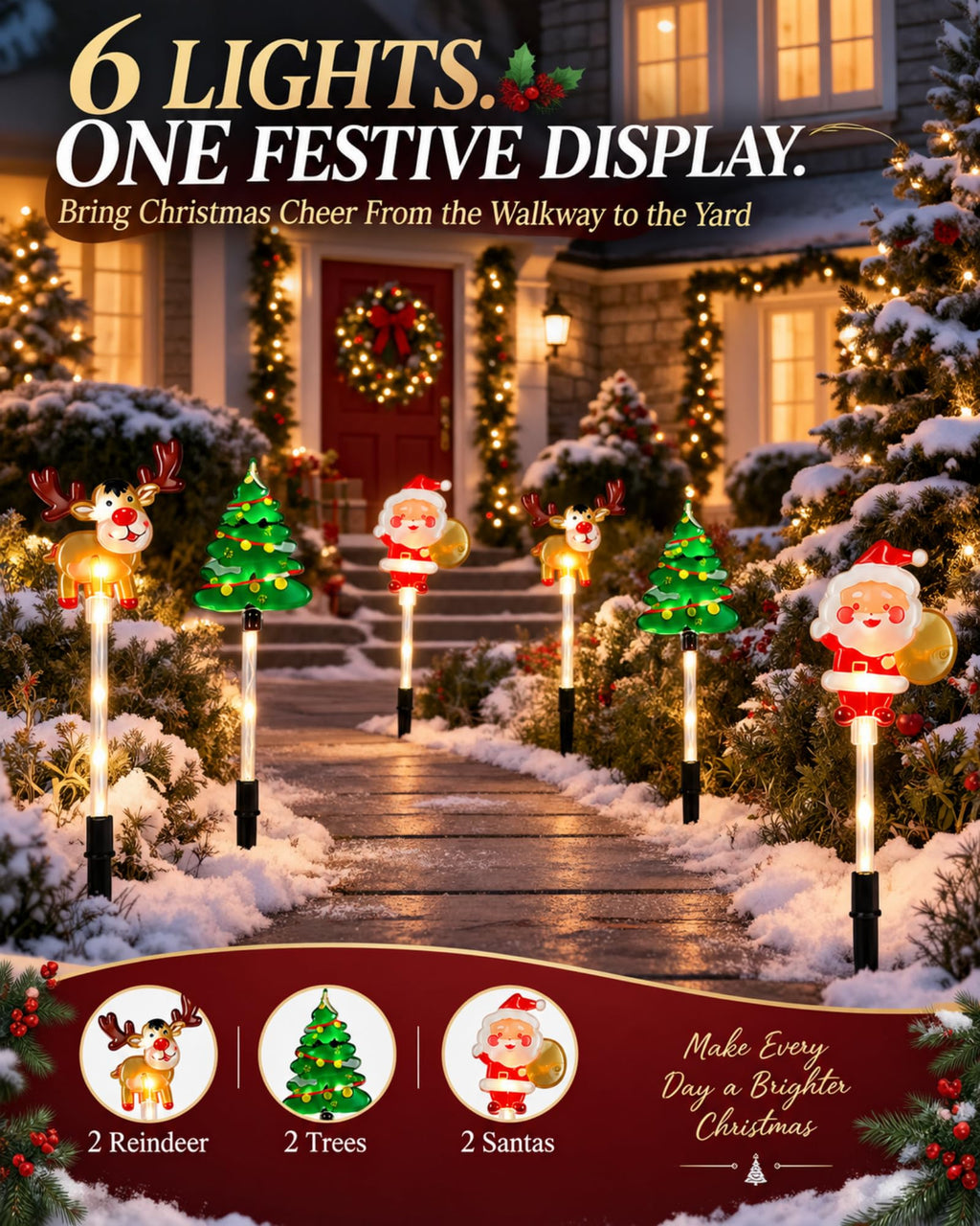 6 piece Christmas solar stake light set with 2 reindeer 2 trees and 2 Santas
