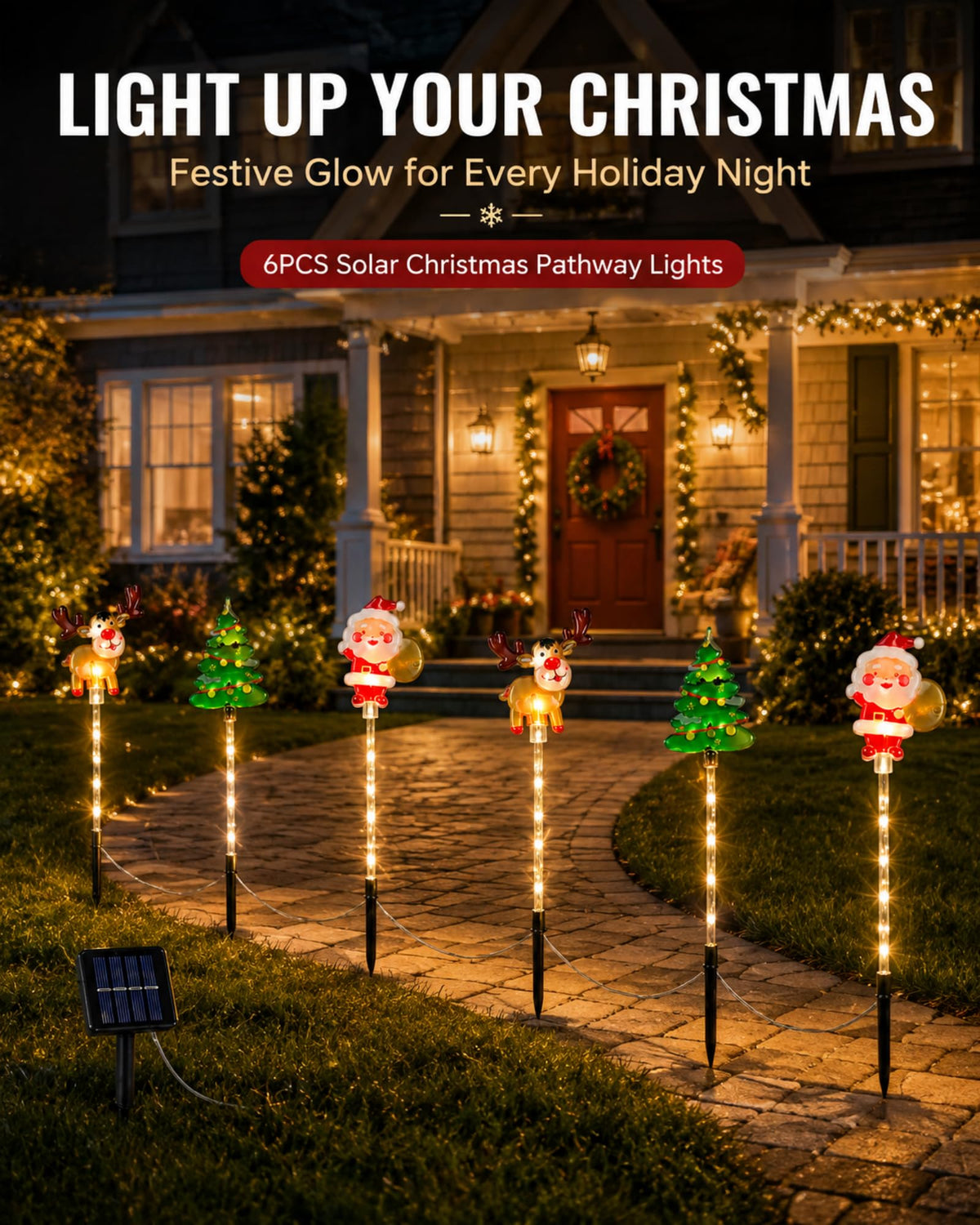Christmas solar pathway stake lights decorating a front yard at night