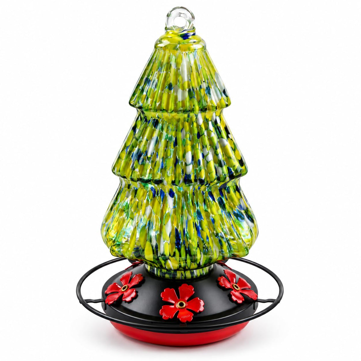 Christmas tree shaped hand blown glass hummingbird feeder with red flower ports