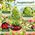 Hand blown glass hummingbird feeder with three red flower feeding ports and 360 degree perch ring