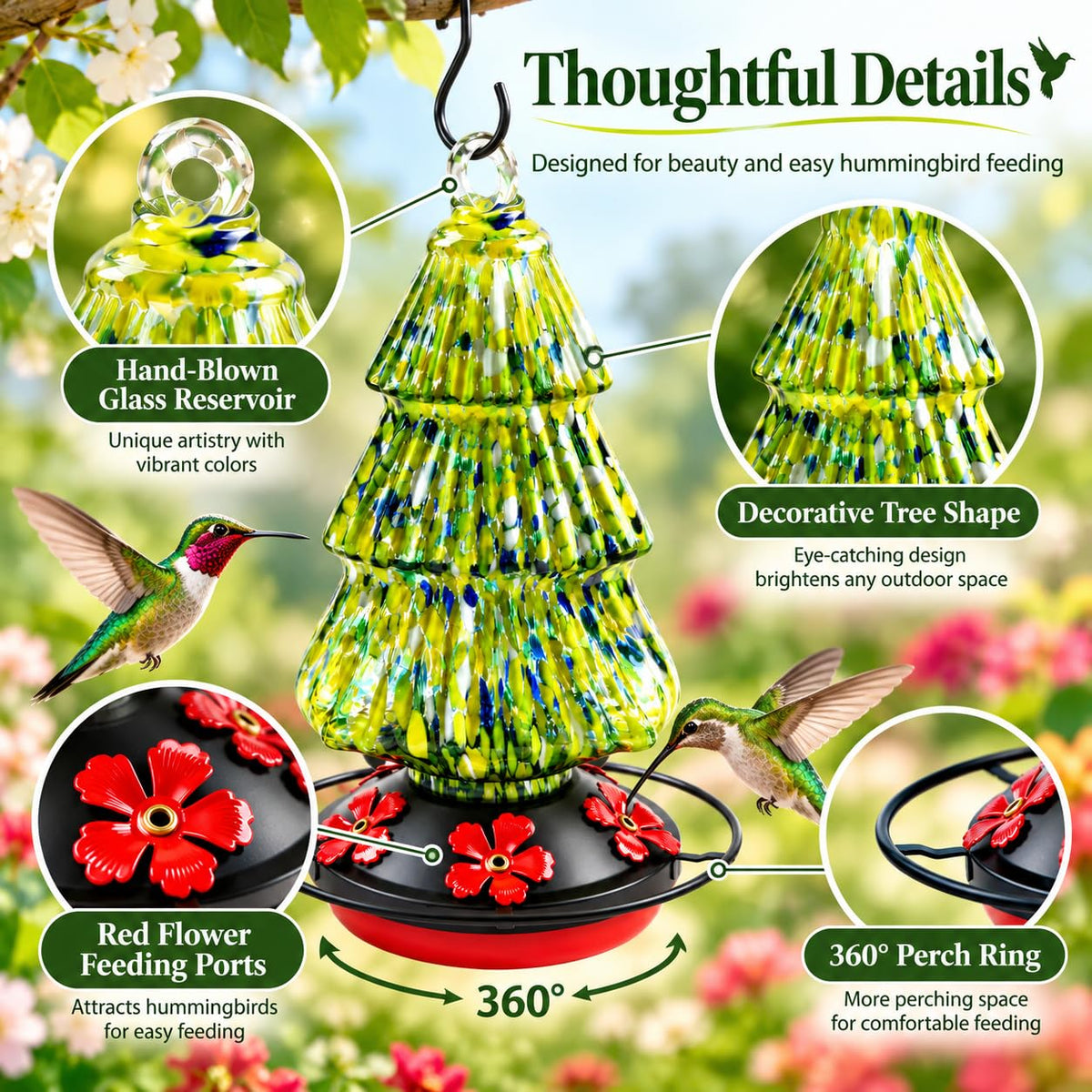 Hand blown glass hummingbird feeder with three red flower feeding ports and 360 degree perch ring