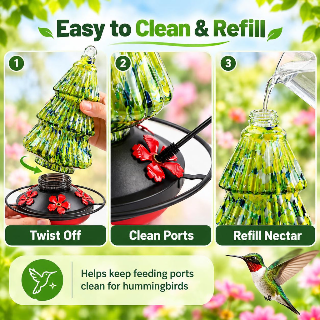 Easy clean and refill Christmas tree hummingbird feeder with removable base