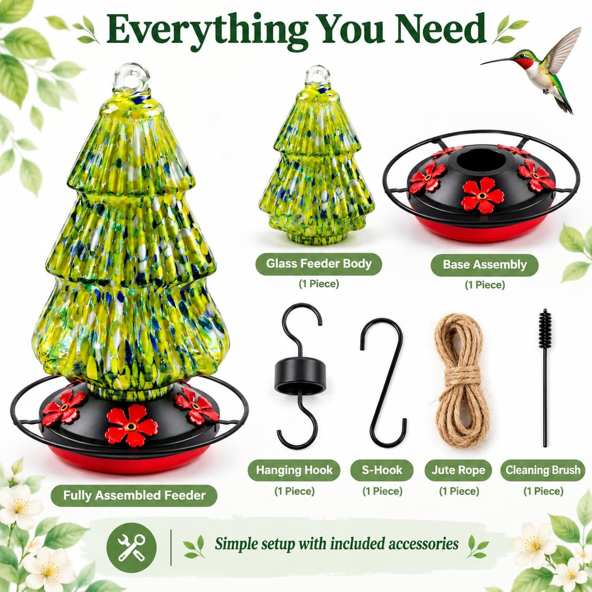 Christmas tree hummingbird feeder with hanging hook S hook jute rope and cleaning brush