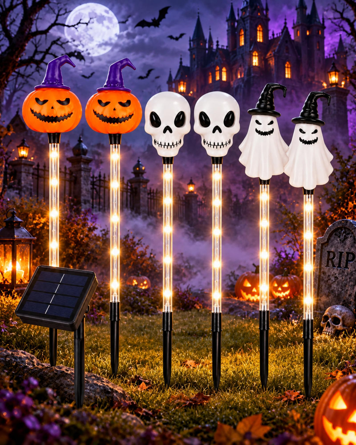 6 piece Halloween solar stake lights with pumpkin skull and ghost characters