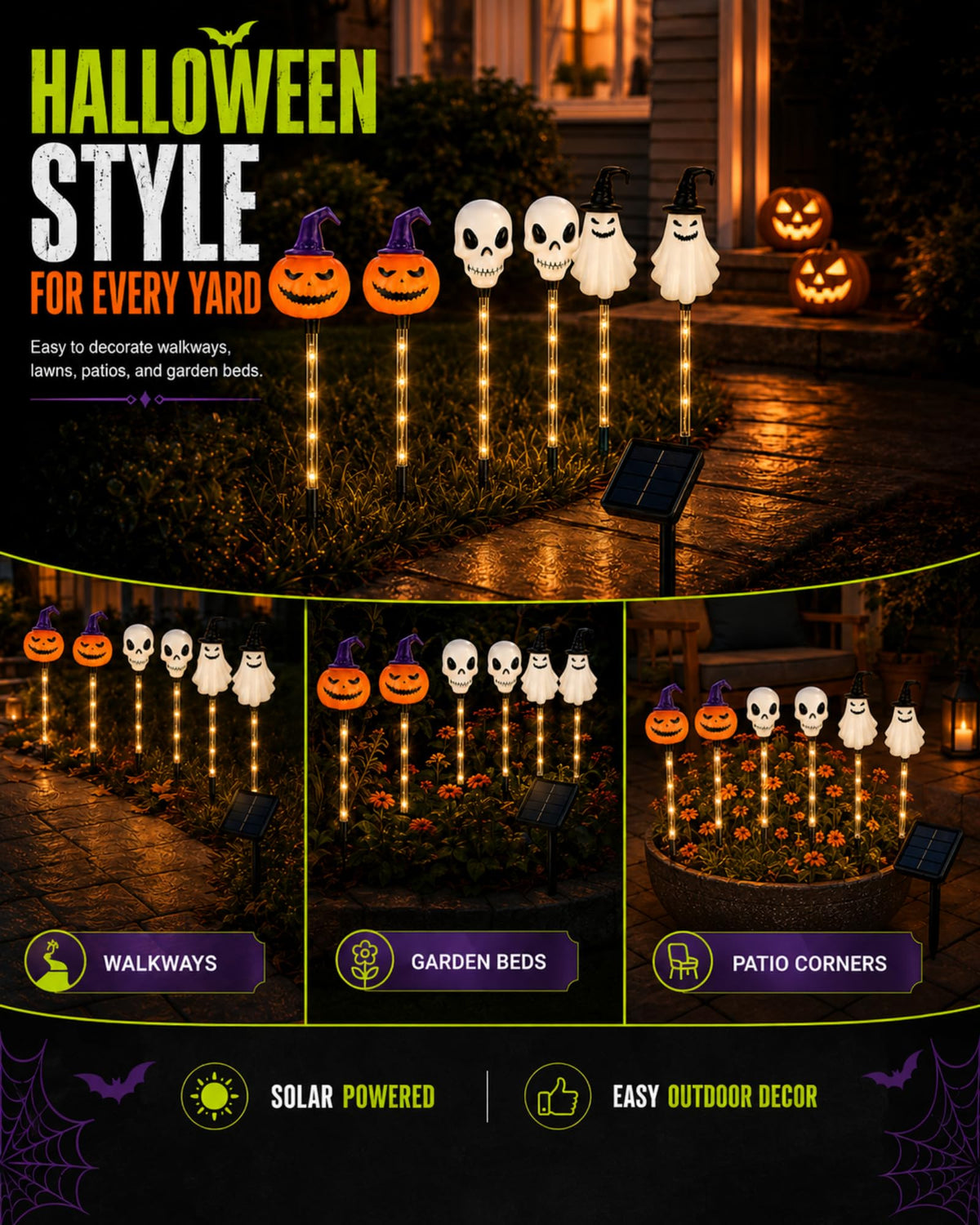 Halloween solar stake lights for walkways garden beds and patio corners