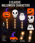 6 piece Halloween character solar stake light set with pumpkins skulls and ghosts