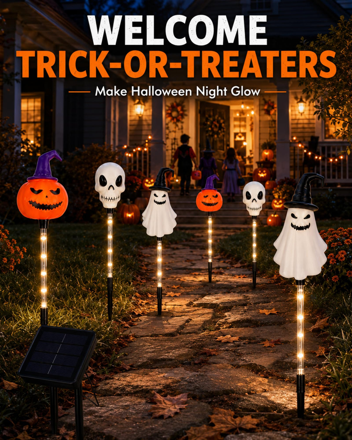 Halloween solar pathway lights welcoming trick or treaters