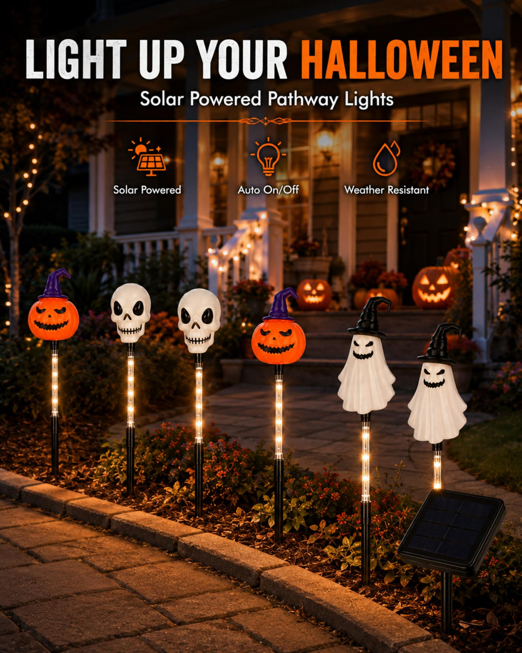 Solar powered Halloween pumpkin skull ghost stake lights with auto on off