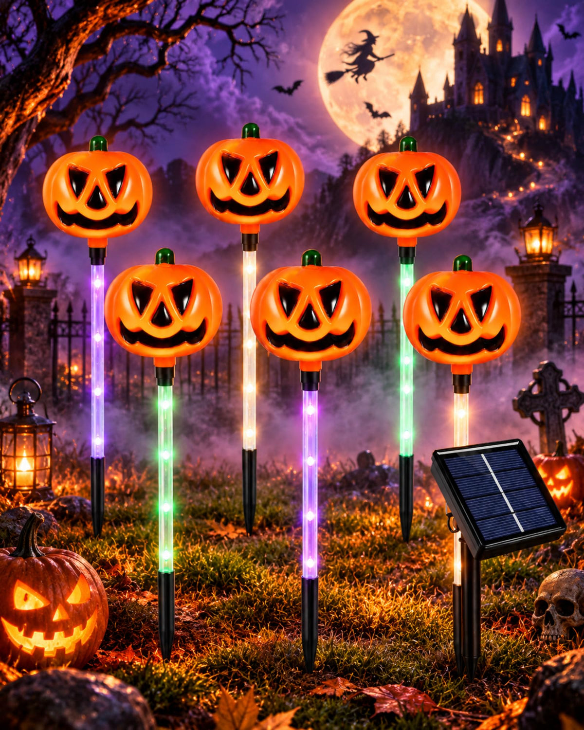 6 pack Halloween pumpkin solar stake lights with colorful LED tubes for outdoor yard decor