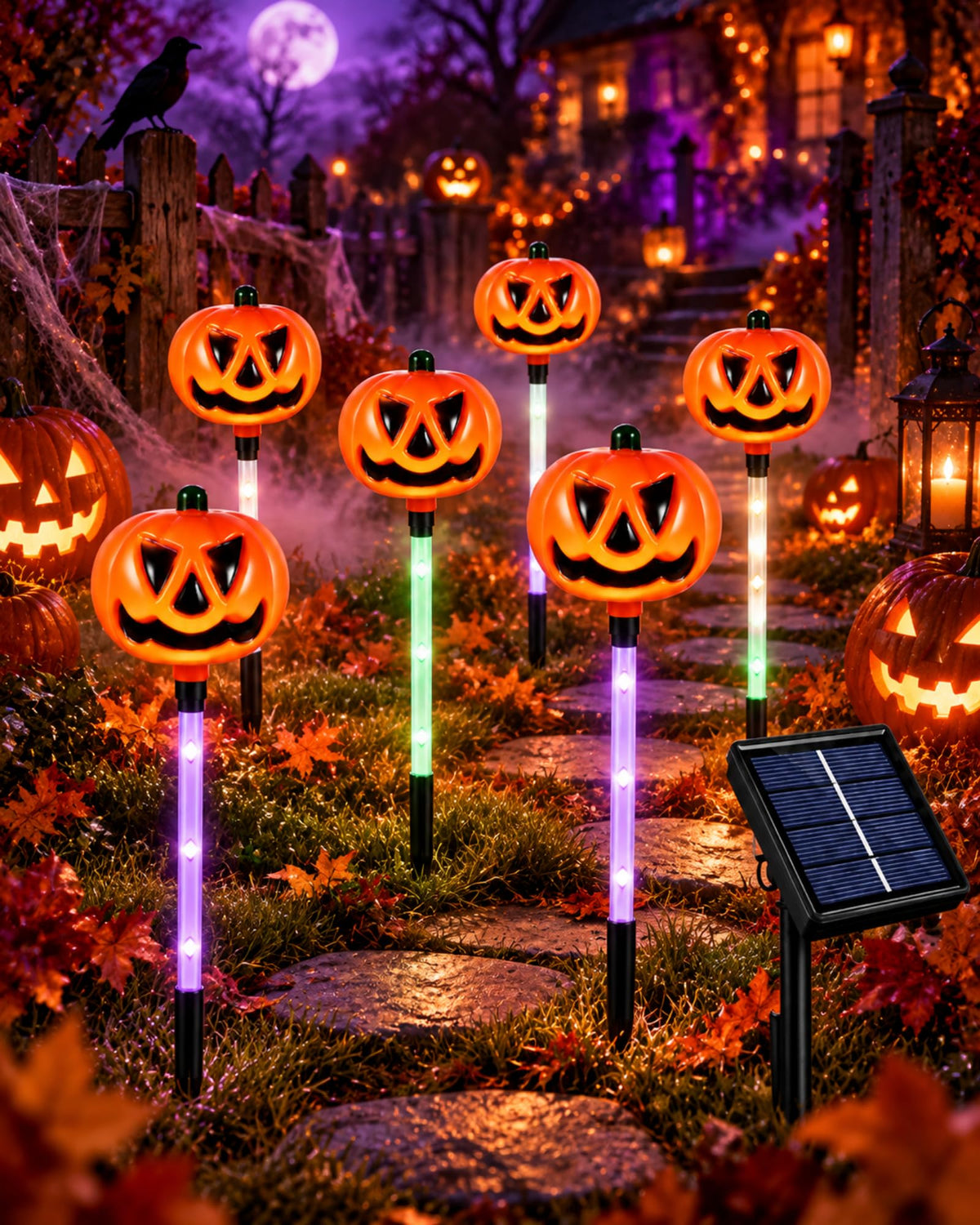 Halloween pumpkin solar pathway lights glowing in a front yard