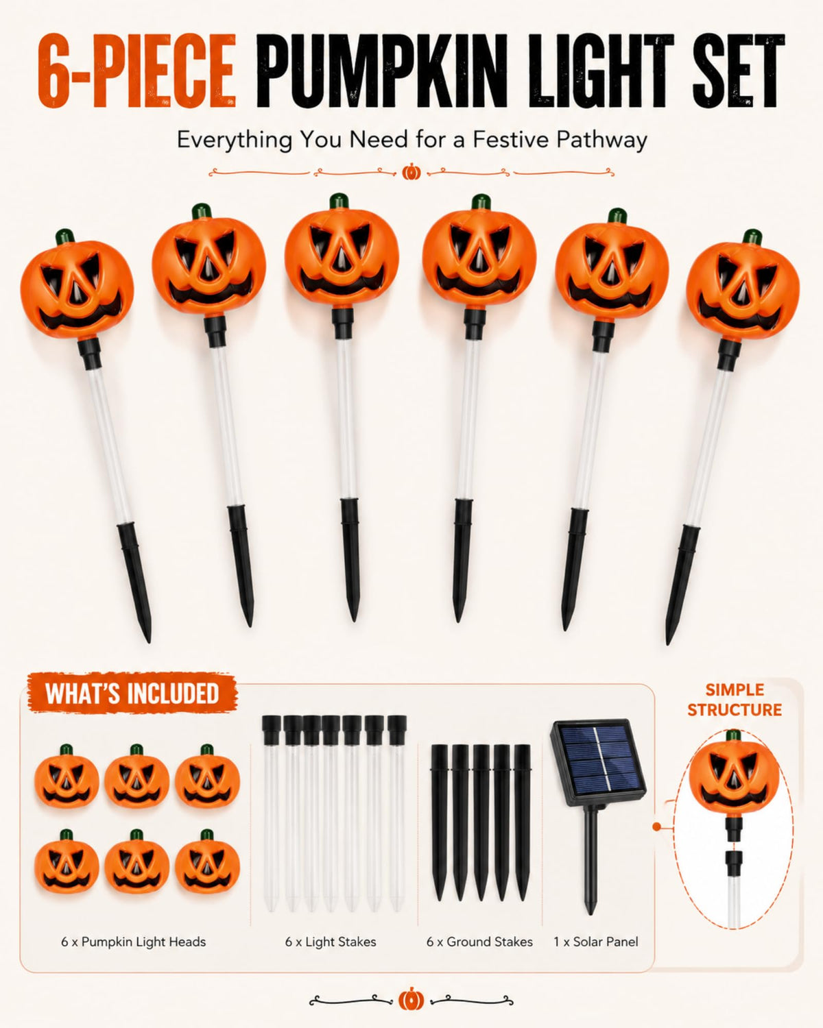 6 piece pumpkin solar stake light set with six light stakes ground stakes and one solar panel
