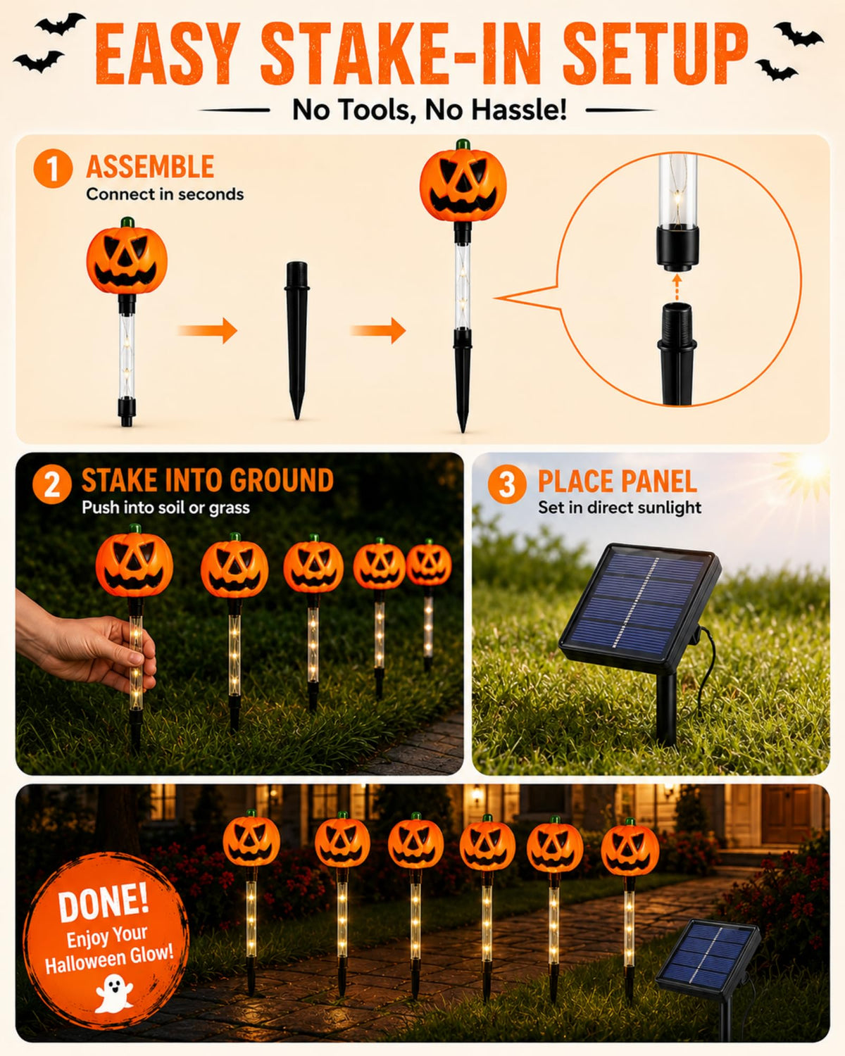 Easy stake in installation steps for Halloween pumpkin solar lights