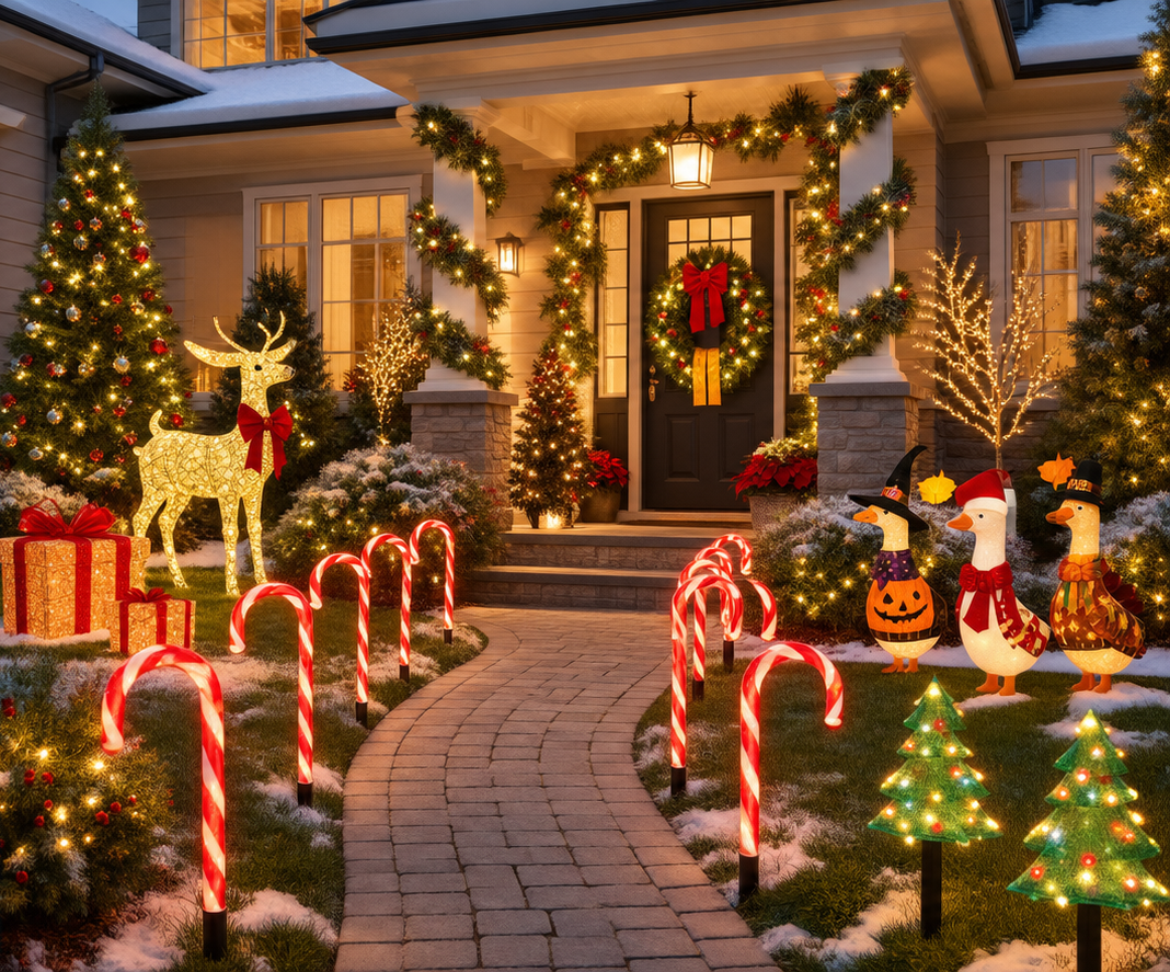 Christmas candy cane holiday lights decorating an outdoor walkway