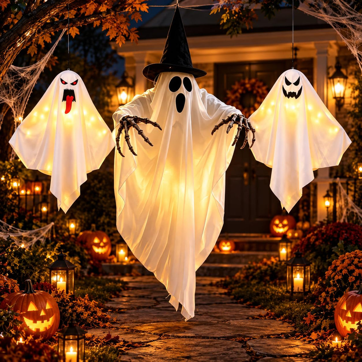3 pack LED light up evil Halloween hanging ghosts for porch yard and tree decor